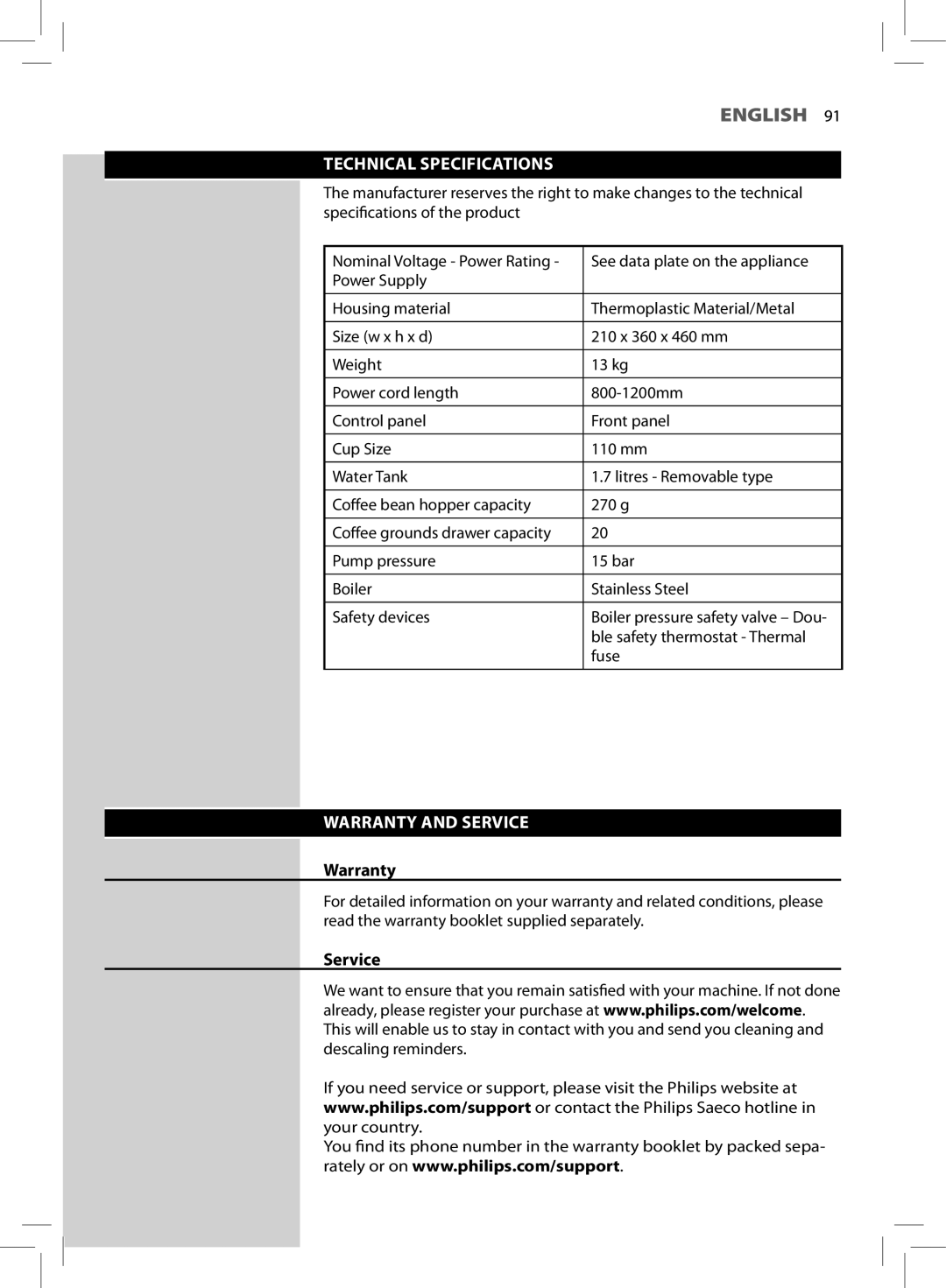 Saeco Coffee Makers HD8966 manual Technical Specifications, Warranty and Service 