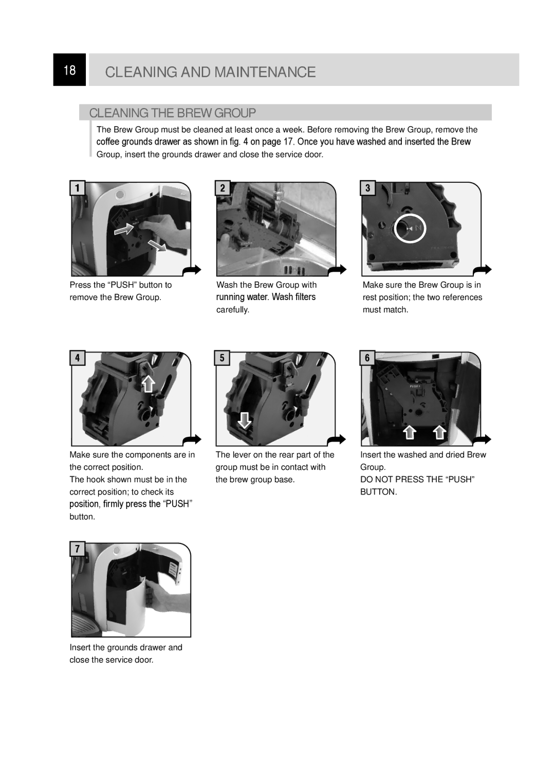 Saeco Coffee Makers Odea Giro, GIRO PRO manual Cleaning the Brew Group 