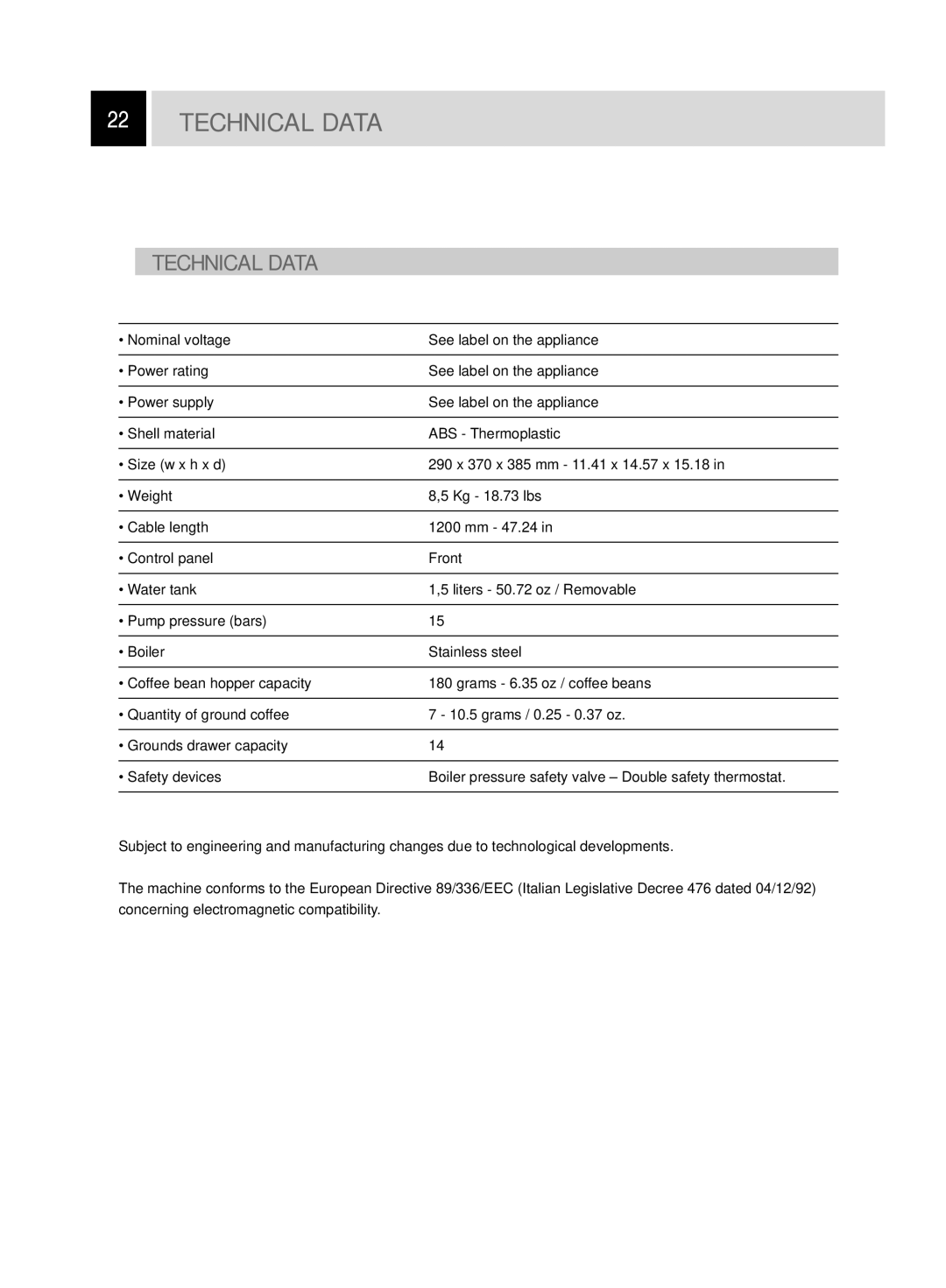 Saeco Coffee Makers Odea Giro, GIRO PRO manual Technical Data 