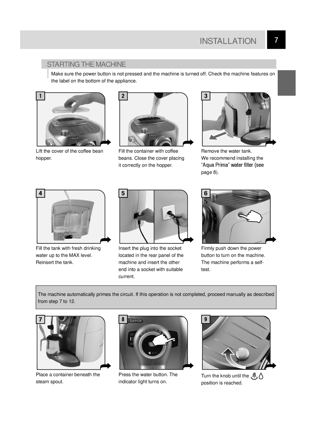 Saeco Coffee Makers GIRO PRO, Odea Giro manual Installation, Starting the Machine 