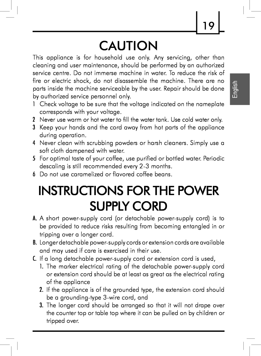 Saeco Coffee Makers PLUS manual Supply Cord, Instructions For The Power, English 