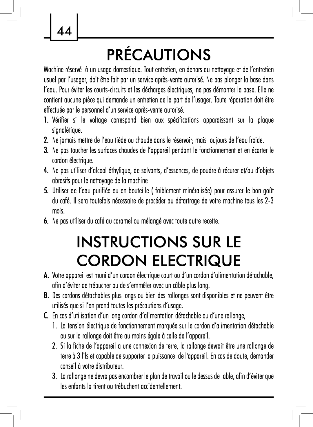 Saeco Coffee Makers PLUS manual Précautions, Instructions Sur Le Cordon Electrique 