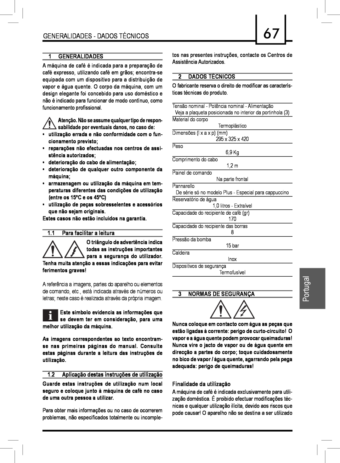 Saeco Coffee Makers PLUS manual Portugal, Generalidades, Para facilitar a leitura, Dados Técnicos, Normas De Segurança 