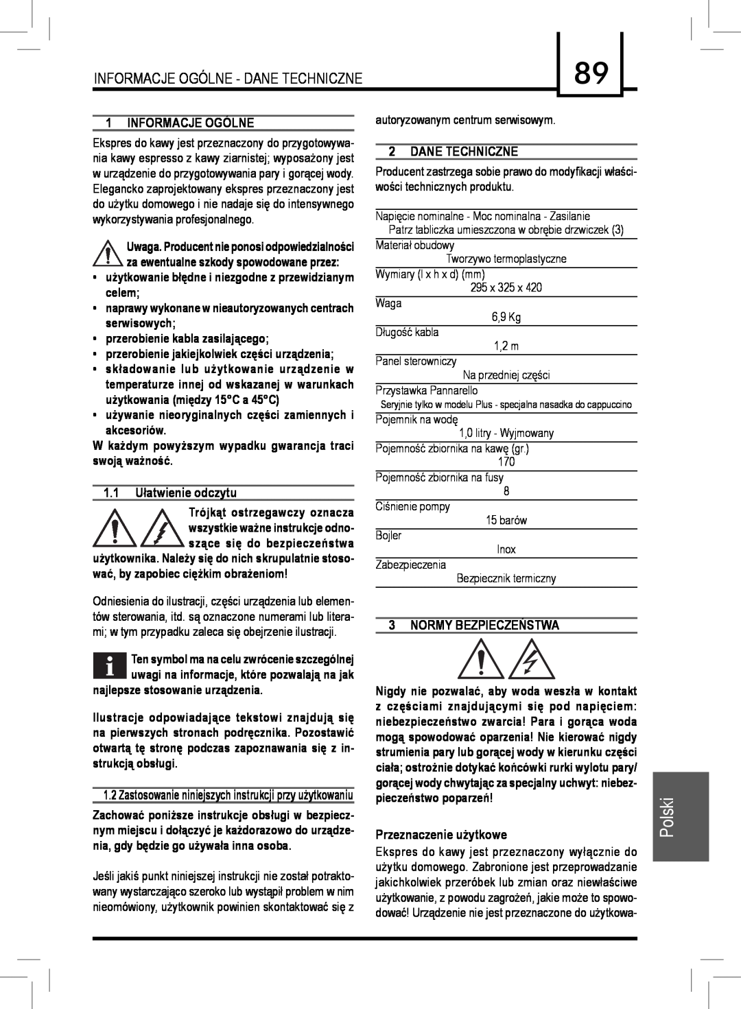 Saeco Coffee Makers PLUS manual Polski, Informacje Ogólne, 1.1 Ułatwienie odczytu, Dane Techniczne, Normy Bezpieczeństwa 