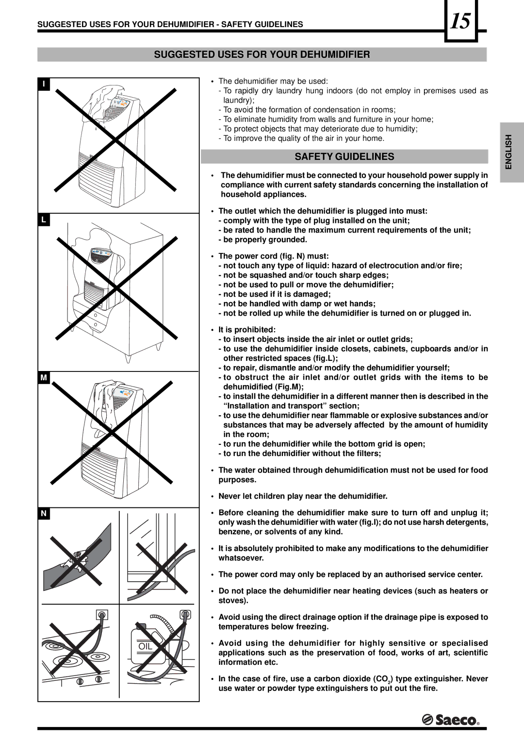 Saeco Coffee Makers DEU001S, DEU001H operation manual Suggested Uses for Your Dehumidifier, Safety Guidelines, English 