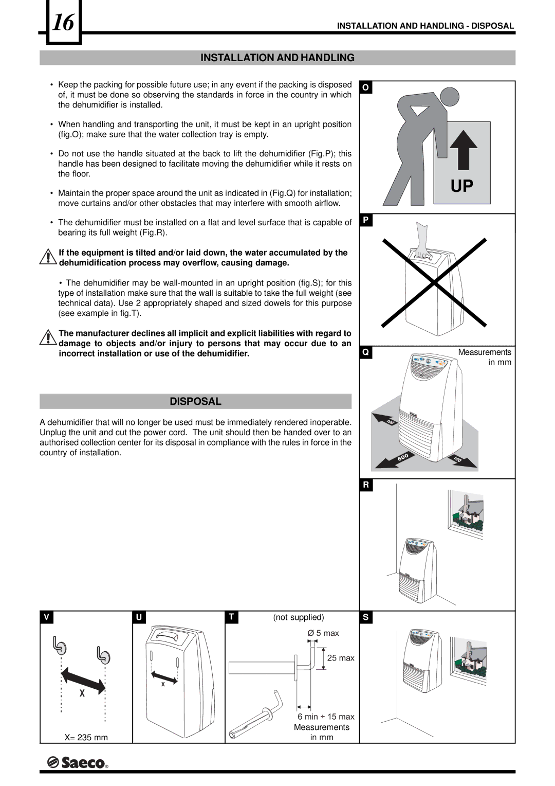 Saeco Coffee Makers DEU001H Installation and Handling Disposal, Incorrect installation or use of the dehumidifier 