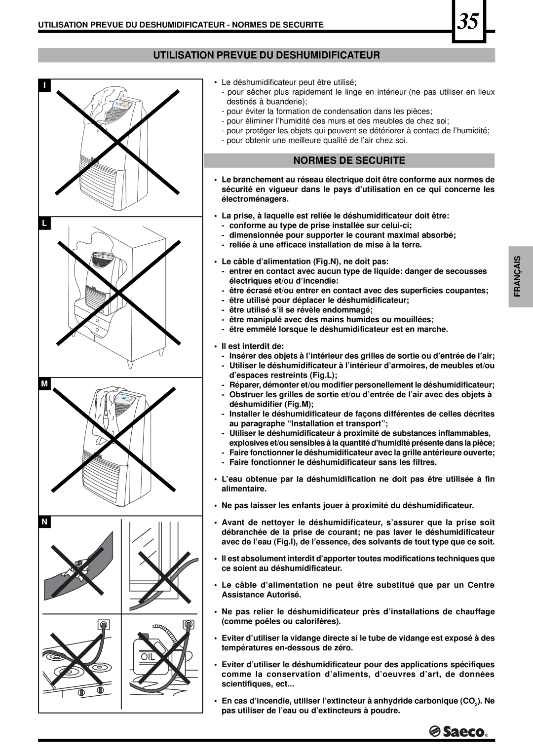 Saeco Coffee Makers PORTABLE ROOM DEHUMIDIFIER Utilisation Prevue DU Deshumidificateur, Normes DE Securite, Français 