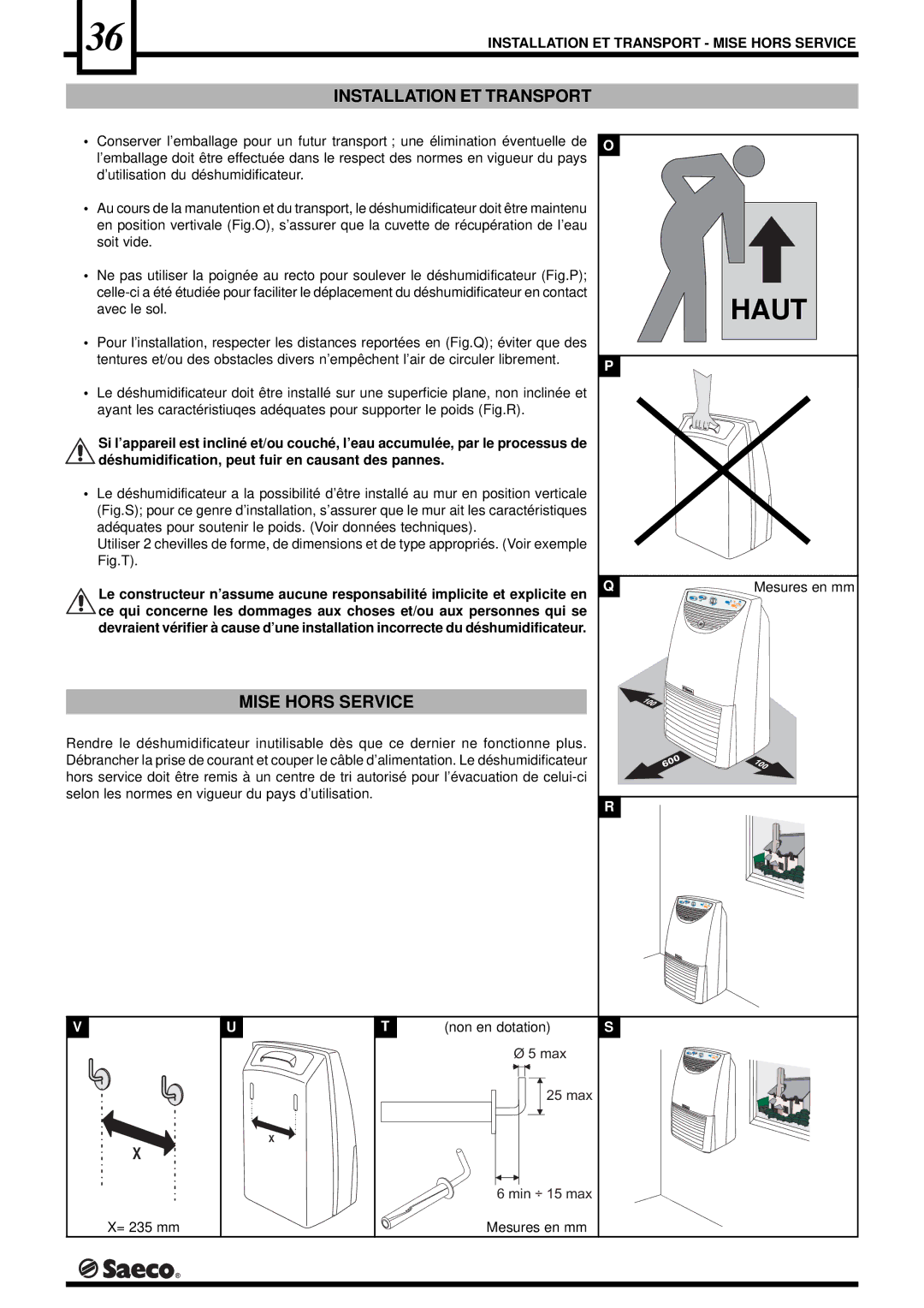 Saeco Coffee Makers DEU001S, DEU001H operation manual Installation ET Transport Mise Hors Service, Avec le sol 