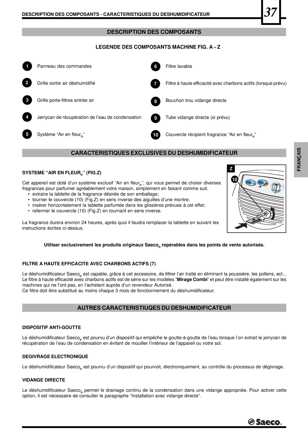 Saeco Coffee Makers DEU001H, DEU001S Description DES Composants, Caracteristiques Exclusives DU Deshumidificateur 