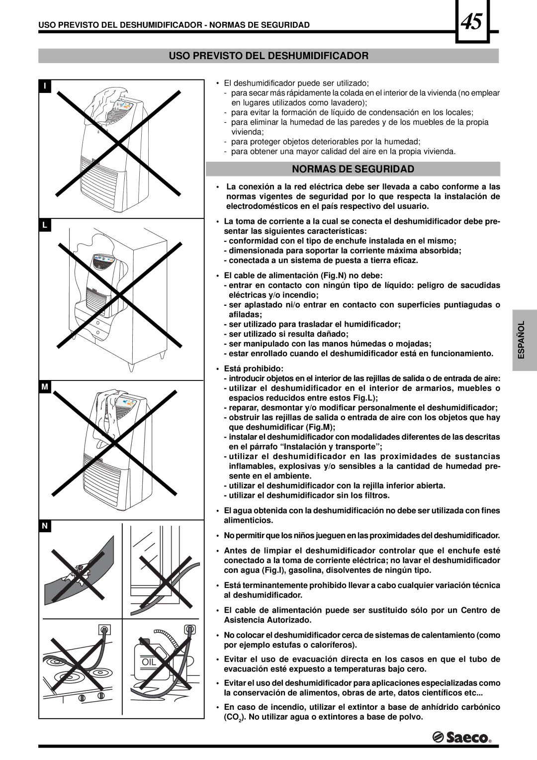 Saeco Coffee Makers DEU001S, DEU001H operation manual USO Previsto DEL Deshumidificador, Normas DE Seguridad, Español 