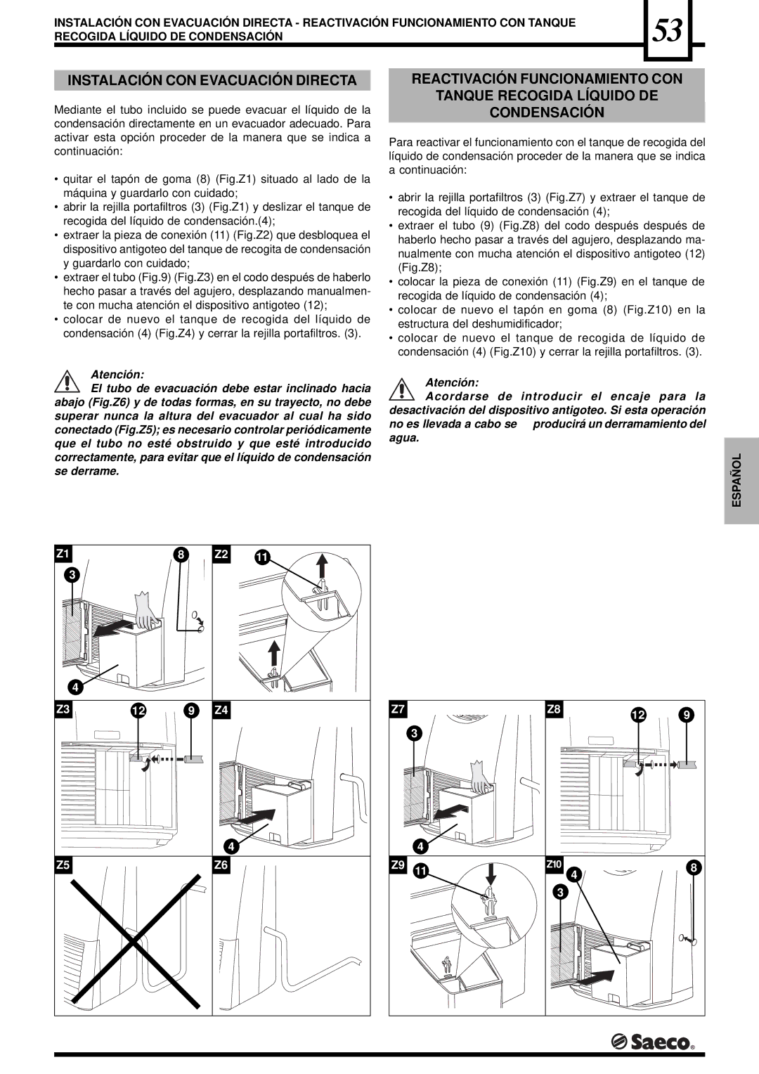 Saeco Coffee Makers PORTABLE ROOM DEHUMIDIFIER, DEU001S, DEU001H operation manual Instalación CON Evacuación Directa 