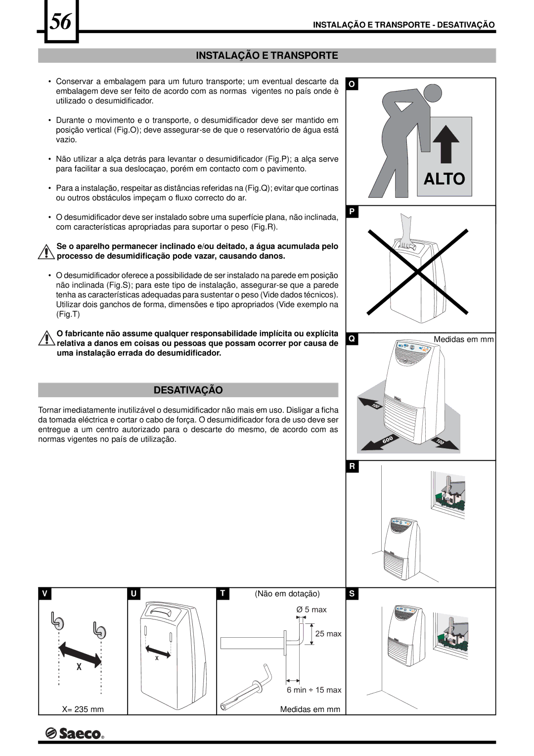 Saeco Coffee Makers PORTABLE ROOM DEHUMIDIFIER, DEU001S, DEU001H operation manual Instalação E Transporte Desativação 