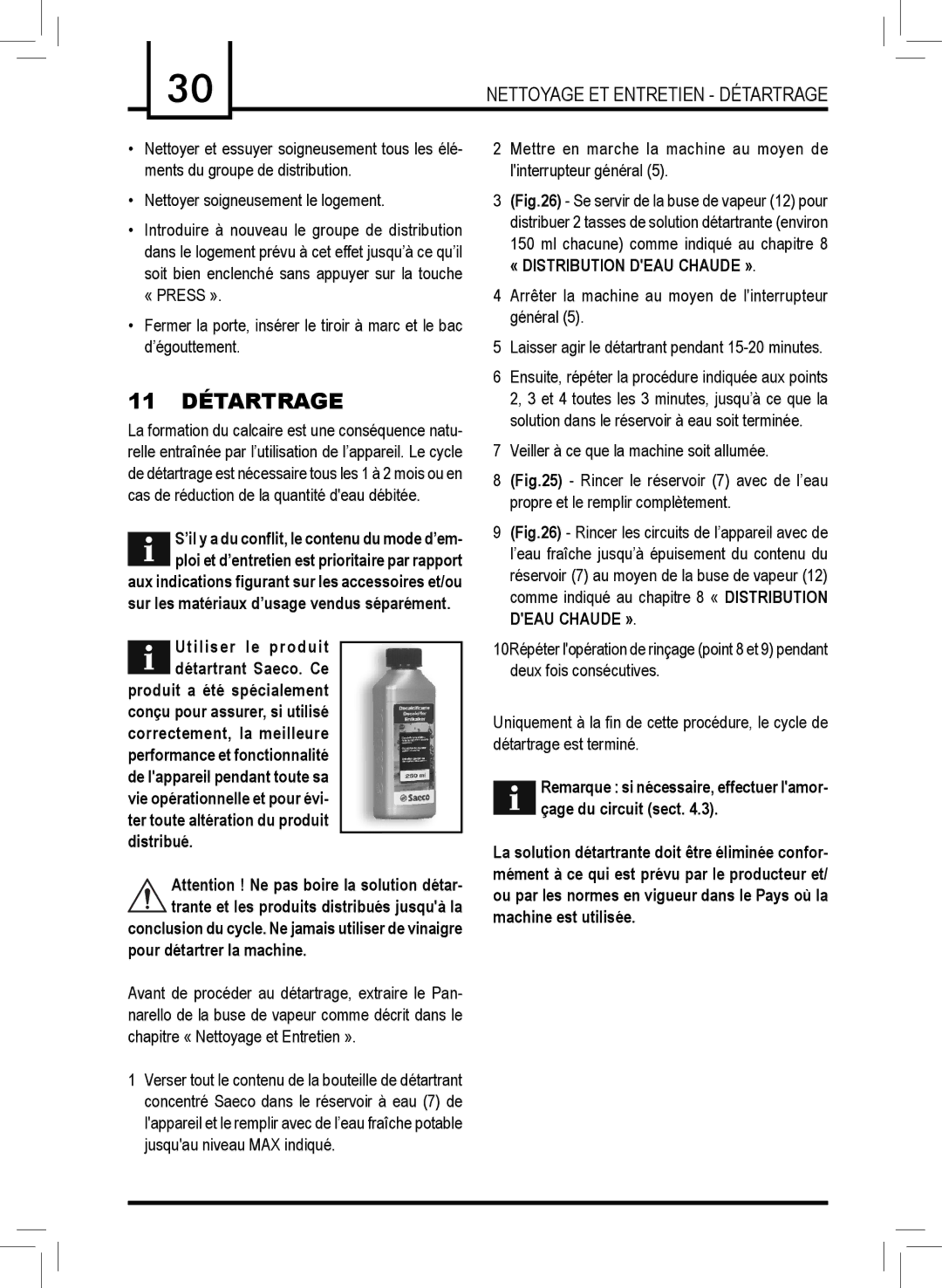 Saeco Coffee Makers RI9737 manual 11 Détartrage, Nettoyage ET Entretien Détartrage 