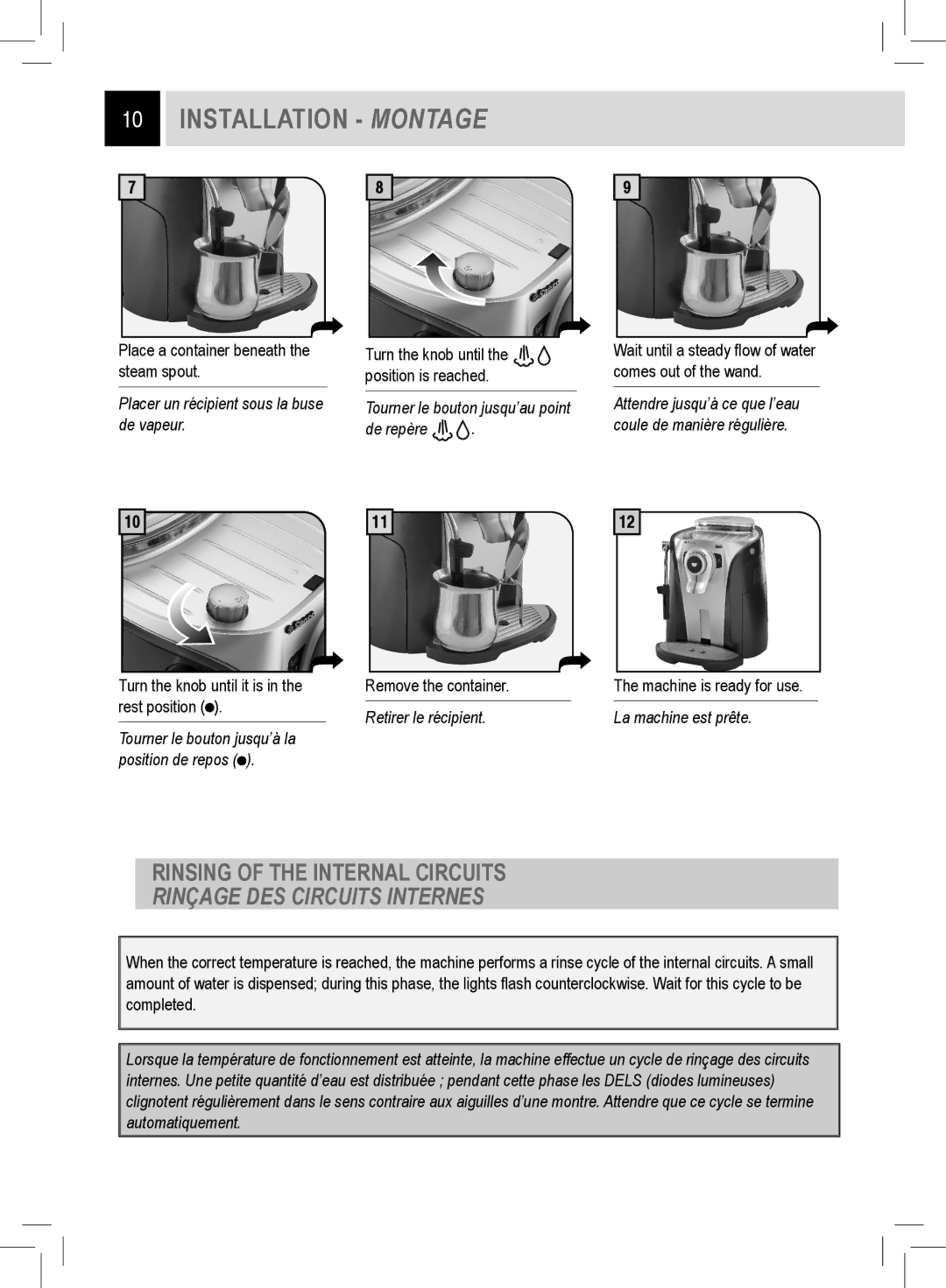 Saeco Coffee Makers RI9752/47 manual Rinsing of the Internal Circuits, Rinçage DES Circuits Internes 