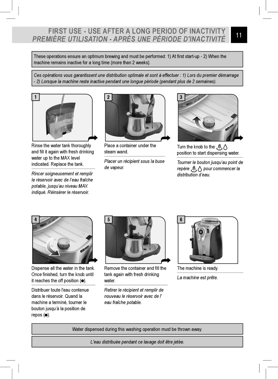 Saeco Coffee Makers RI9752/47 manual Première Utilisation Après UNE Période Dinactivité 