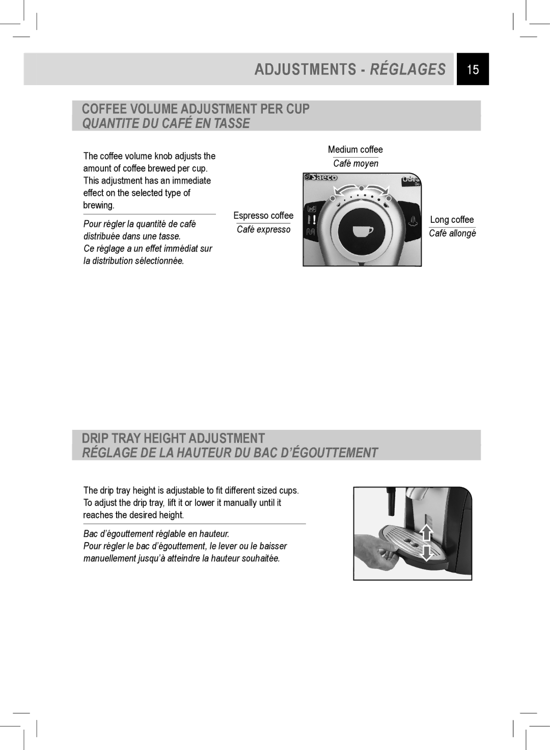 Saeco Coffee Makers RI9752/47 manual Adjustments Réglages, Coffee Volume Adjustment PER CUP, Quantite DU Café EN Tasse 