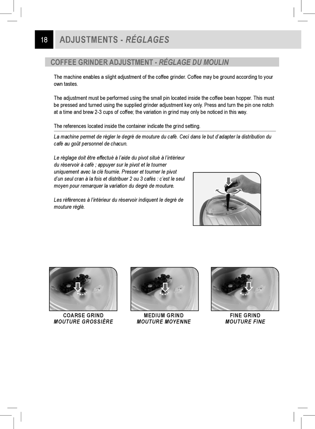 Saeco Coffee Makers RI9752/47 manual Coffee Grinder Adjustment Réglage DU Moulin 