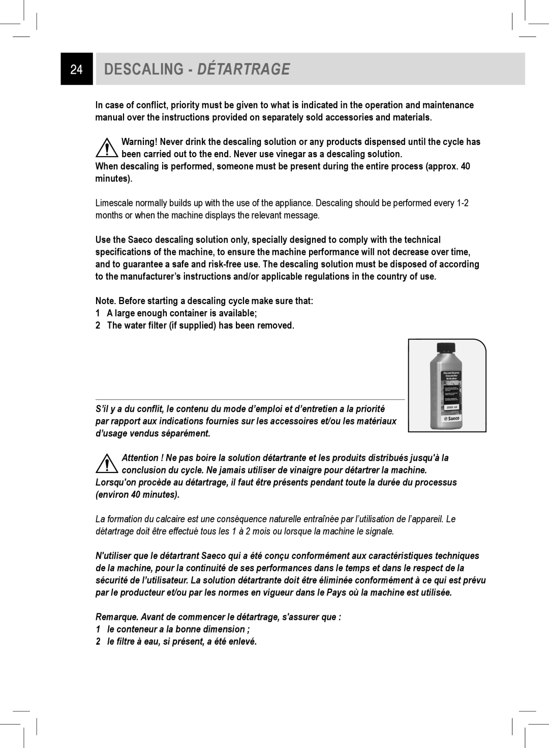 Saeco Coffee Makers RI9752/47 manual Descaling Détartrage 