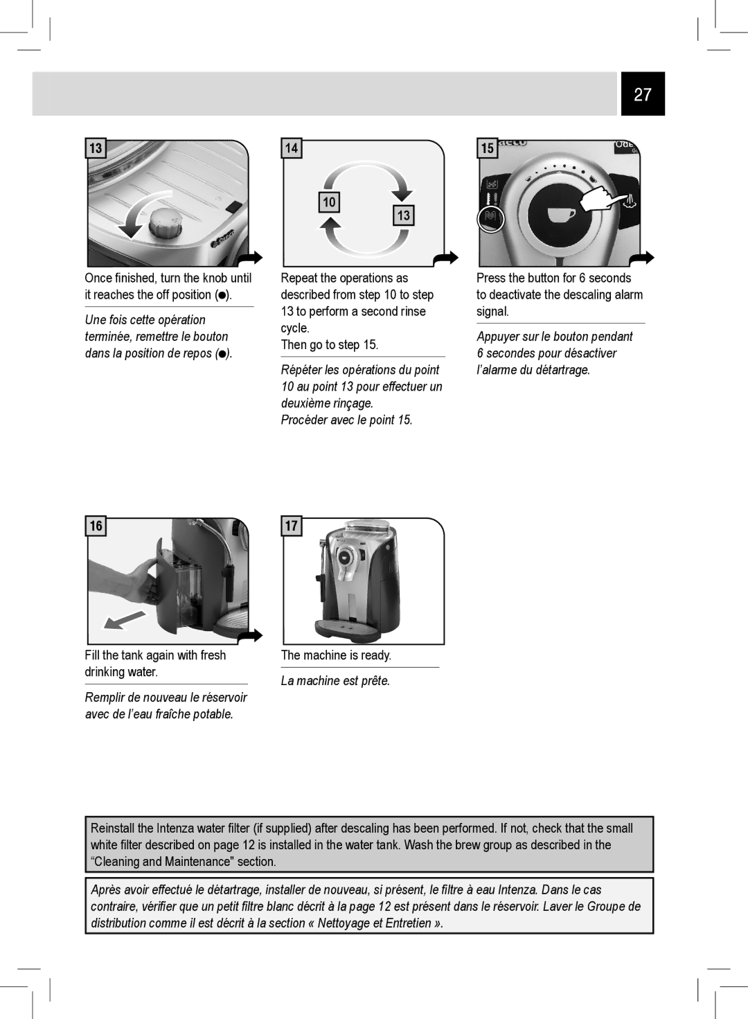 Saeco Coffee Makers RI9752/47 manual Fill the tank again with fresh drinking water 