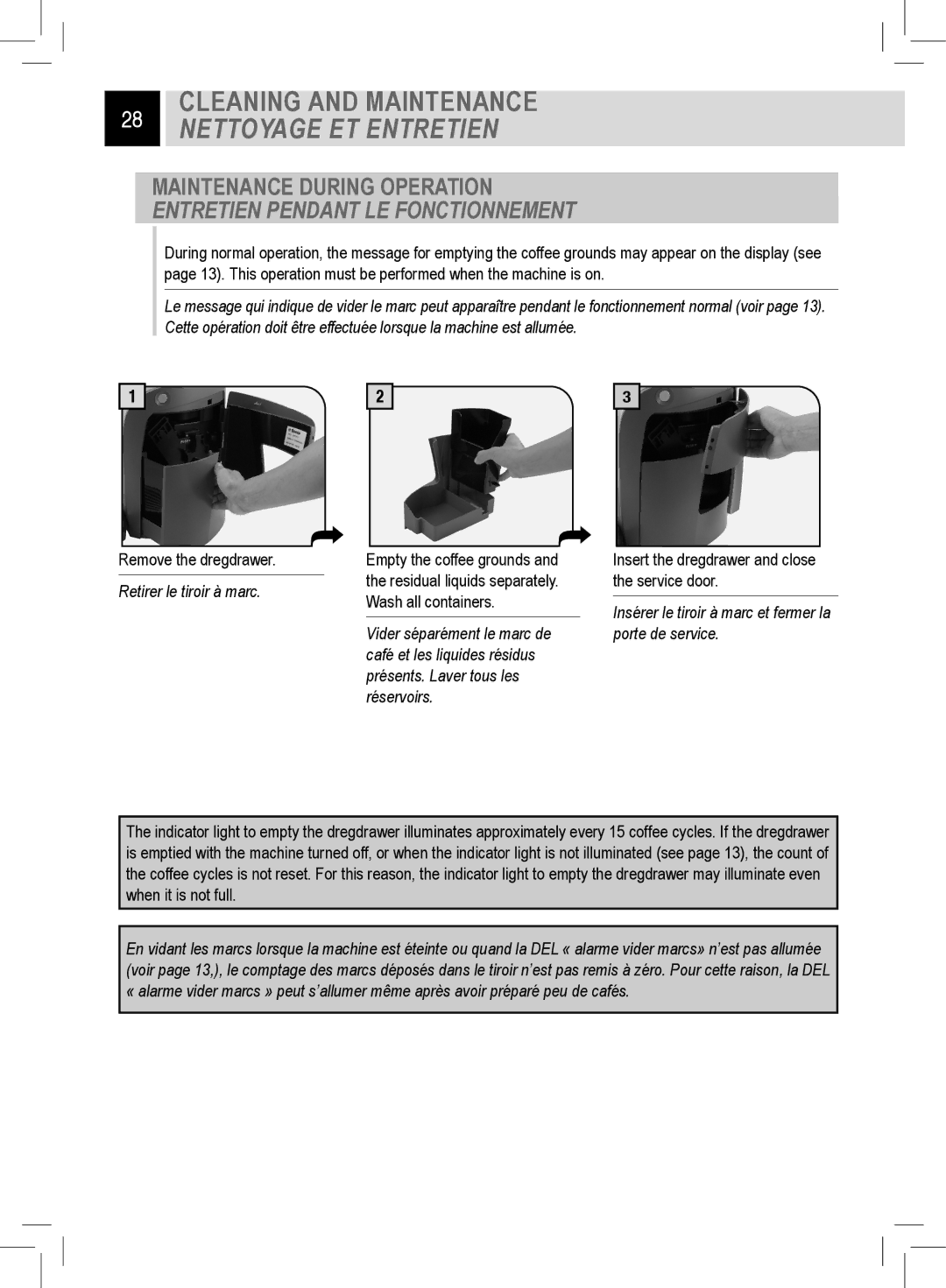 Saeco Coffee Makers RI9752/47 manual Cleaning and Maintenance, Nettoyage ET Entretien, Maintenance During Operation 