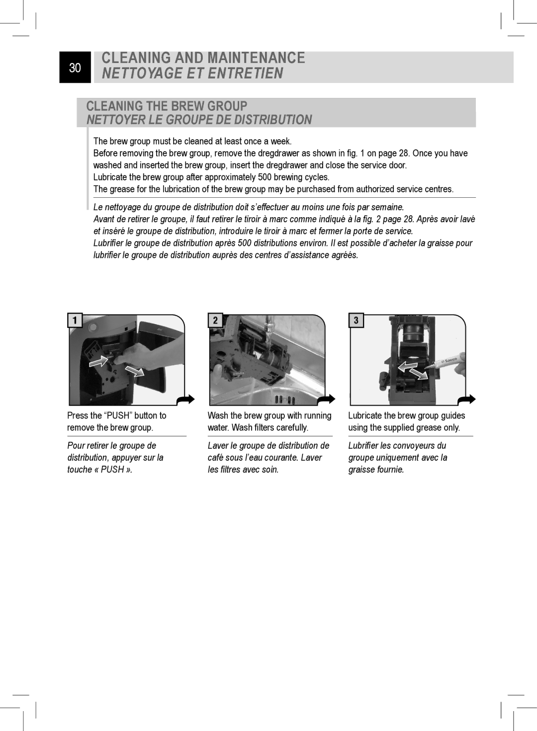 Saeco Coffee Makers RI9752/47 manual Cleaning the Brew Group, Nettoyer LE Groupe DE Distribution 