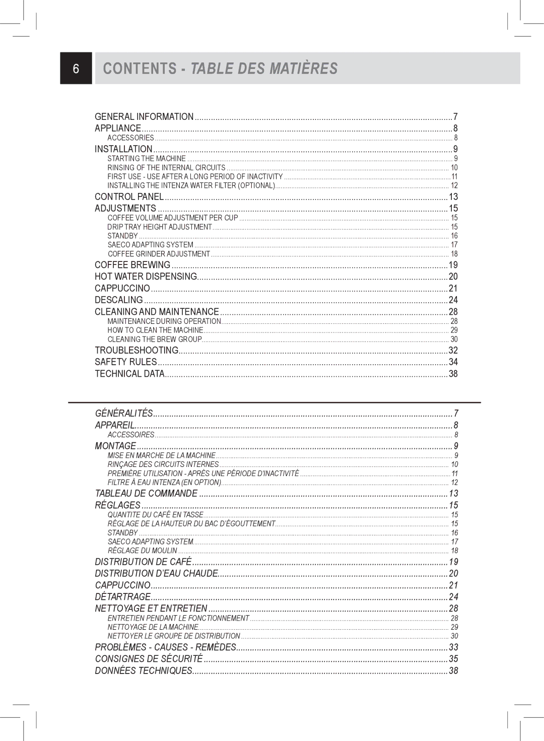 Saeco Coffee Makers RI9752/47 manual Contents Table DES Matières 