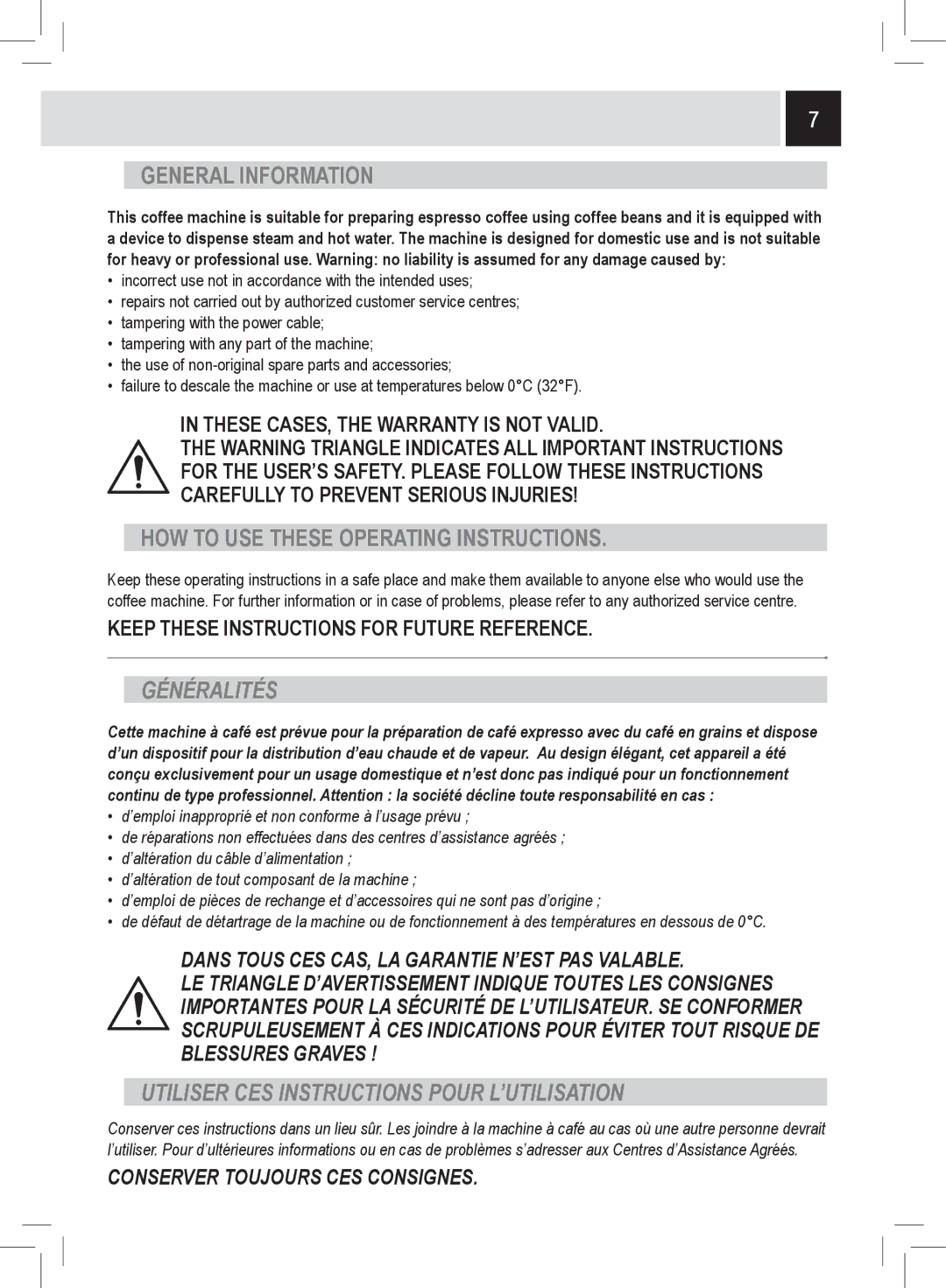 Saeco Coffee Makers RI9752/47 manual General Information, HOW to USE These Operating Instructions, Généralités 