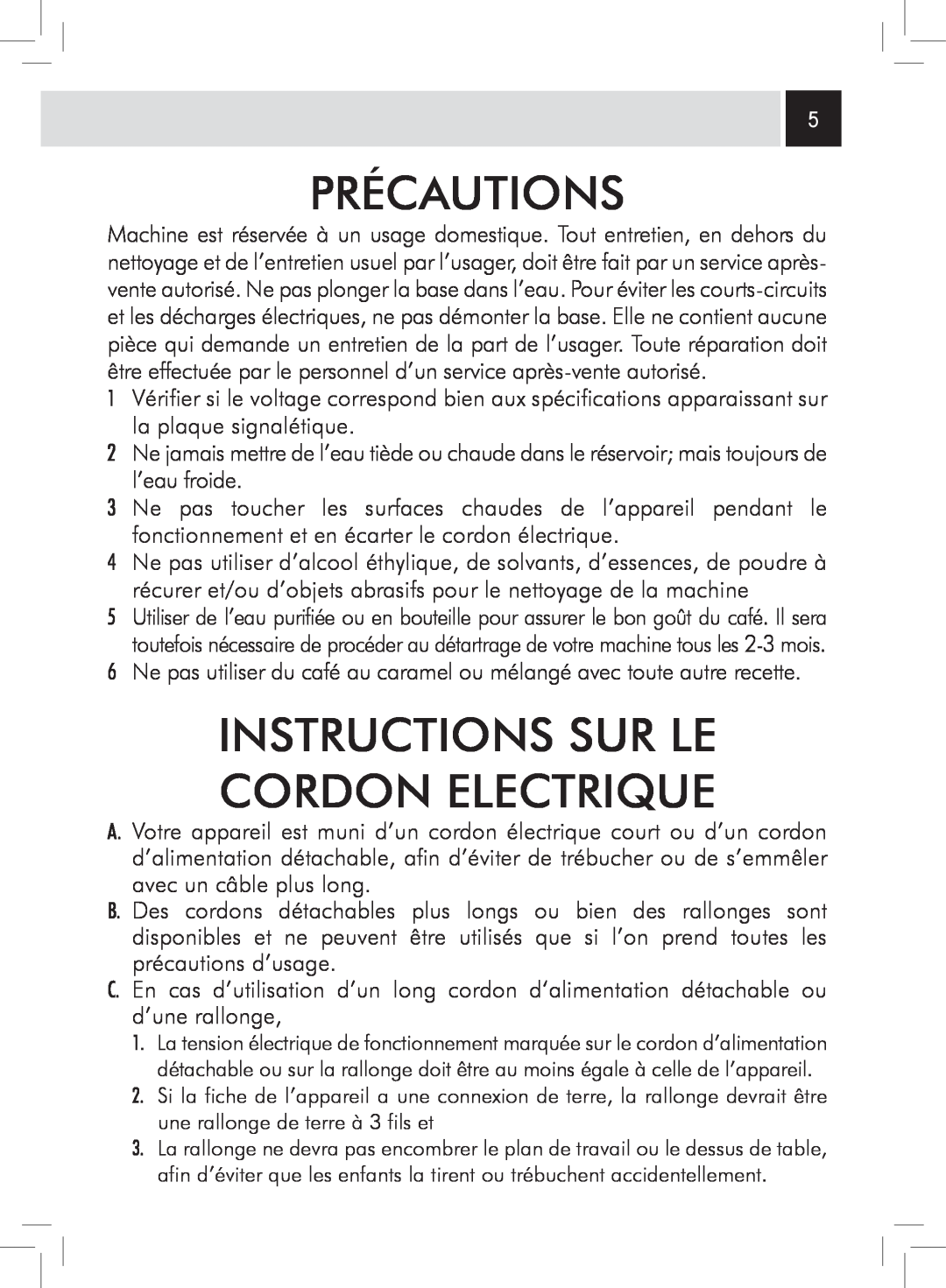 Saeco Coffee Makers RI9752/47 manual Précautions, Instructions Sur Le Cordon Electrique 