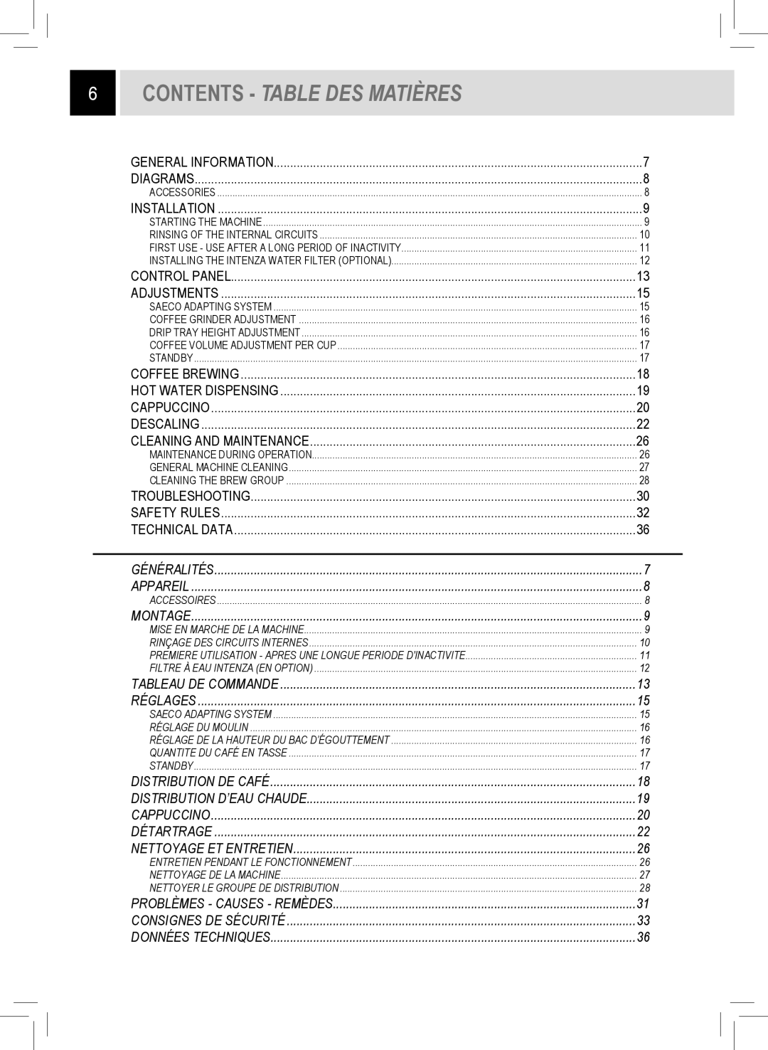 Saeco Coffee Makers RI9753/47 manual Contents Table DES Matières 