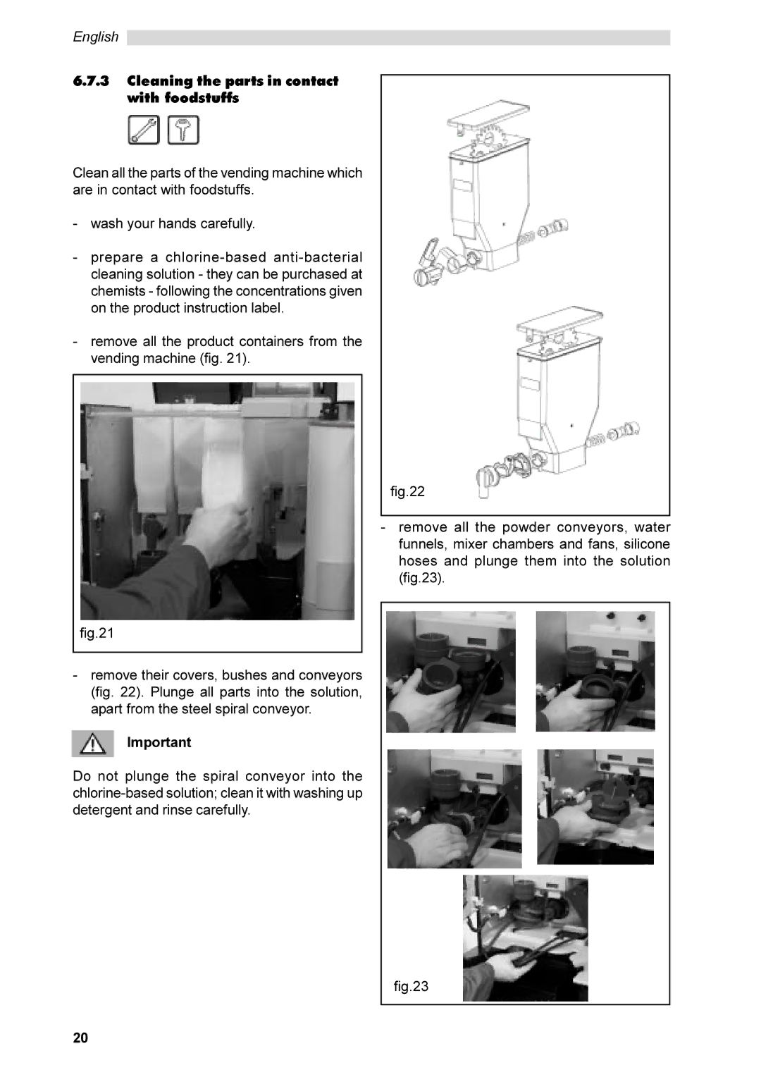 Saeco Coffee Makers SG200E instruction manual Cleaning the parts in contact with foodstuffs 