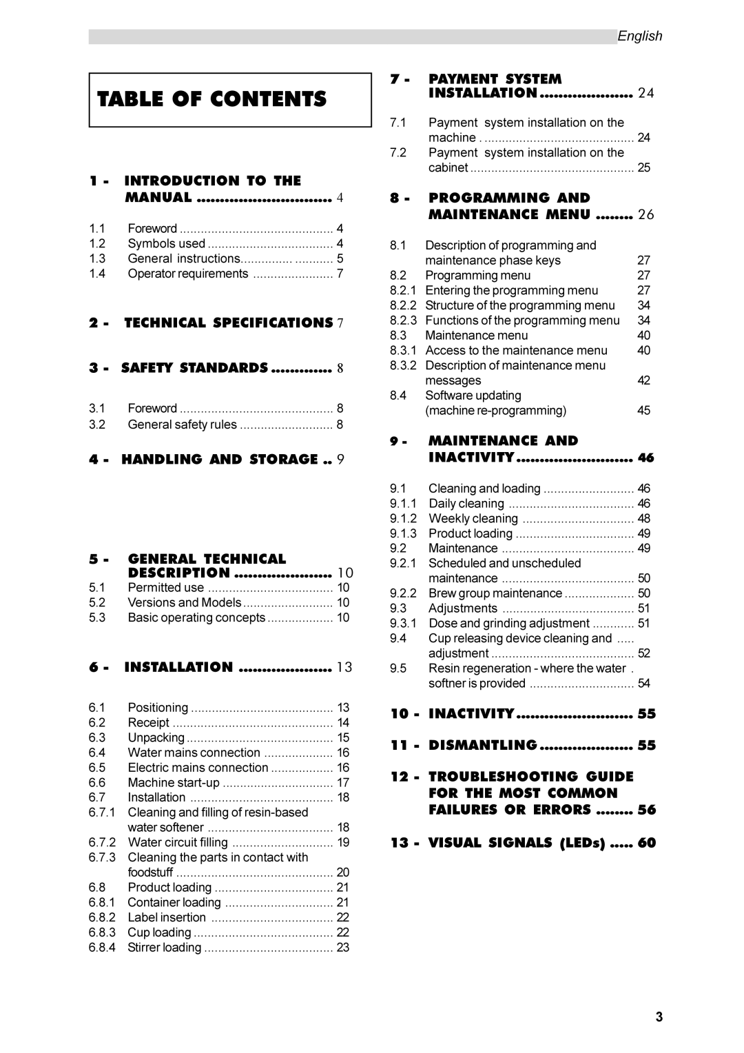 Saeco Coffee Makers SG200E instruction manual Table of Contents 