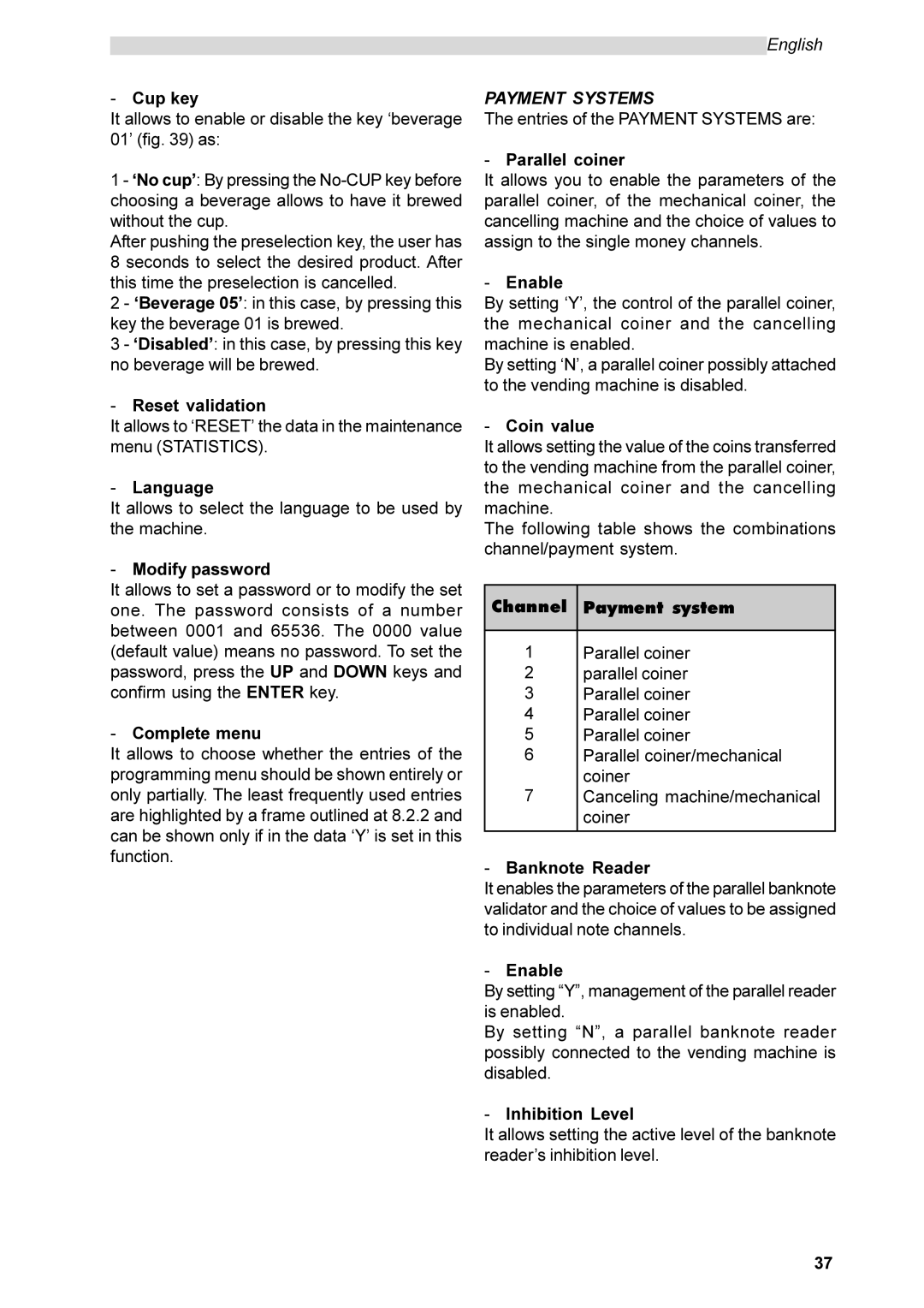 Saeco Coffee Makers SG200E instruction manual Payment Systems 