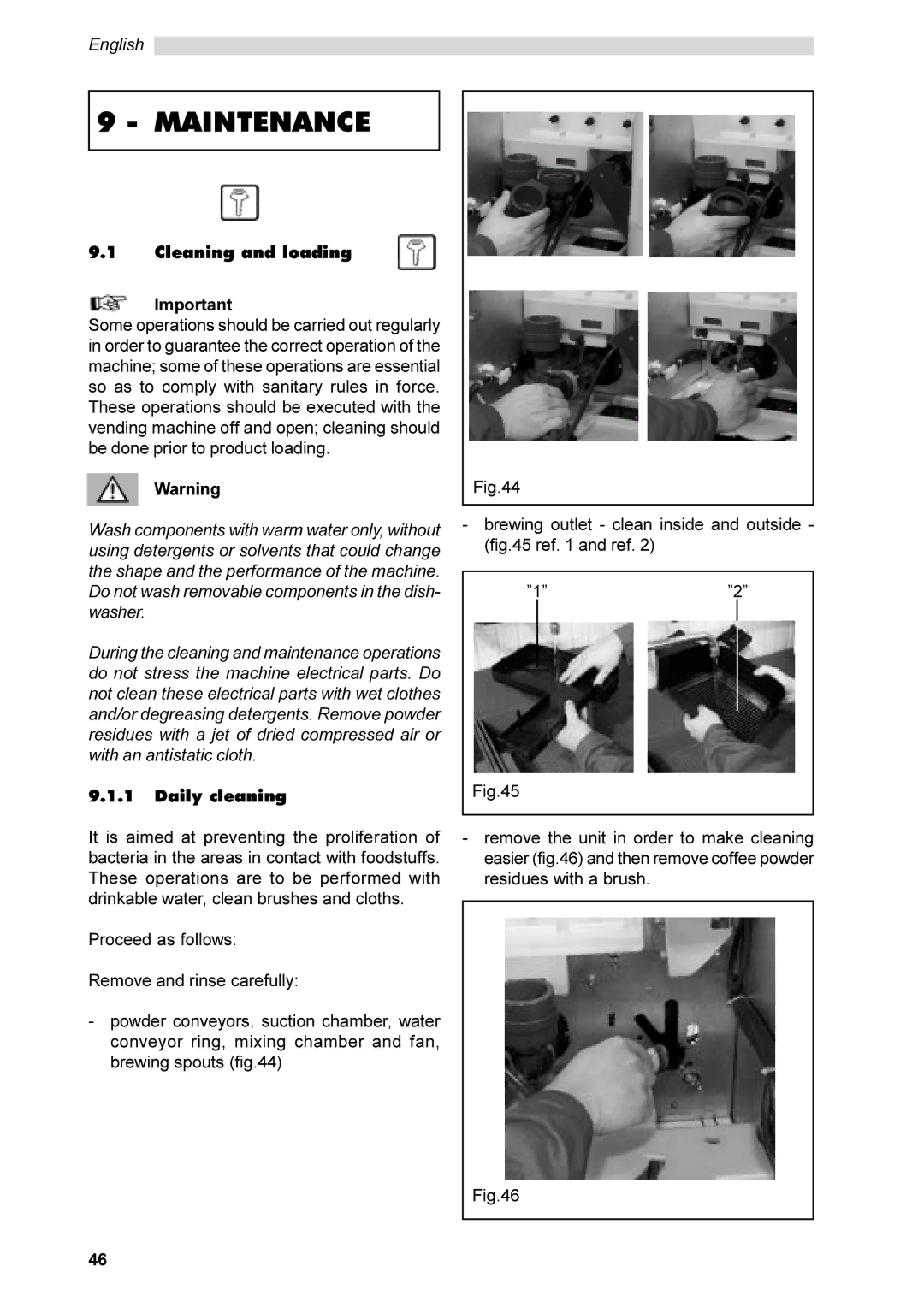 Saeco Coffee Makers SG200E instruction manual Maintenance, Cleaning and loading, Daily cleaning 