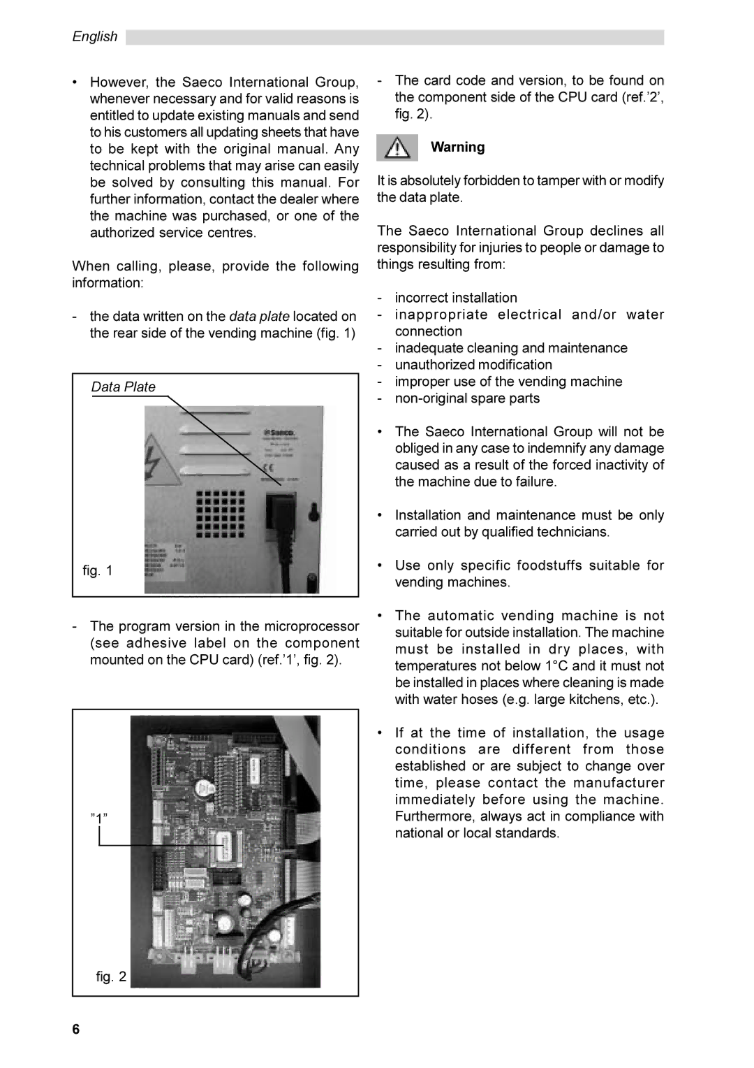 Saeco Coffee Makers SG200E instruction manual Data Plate 