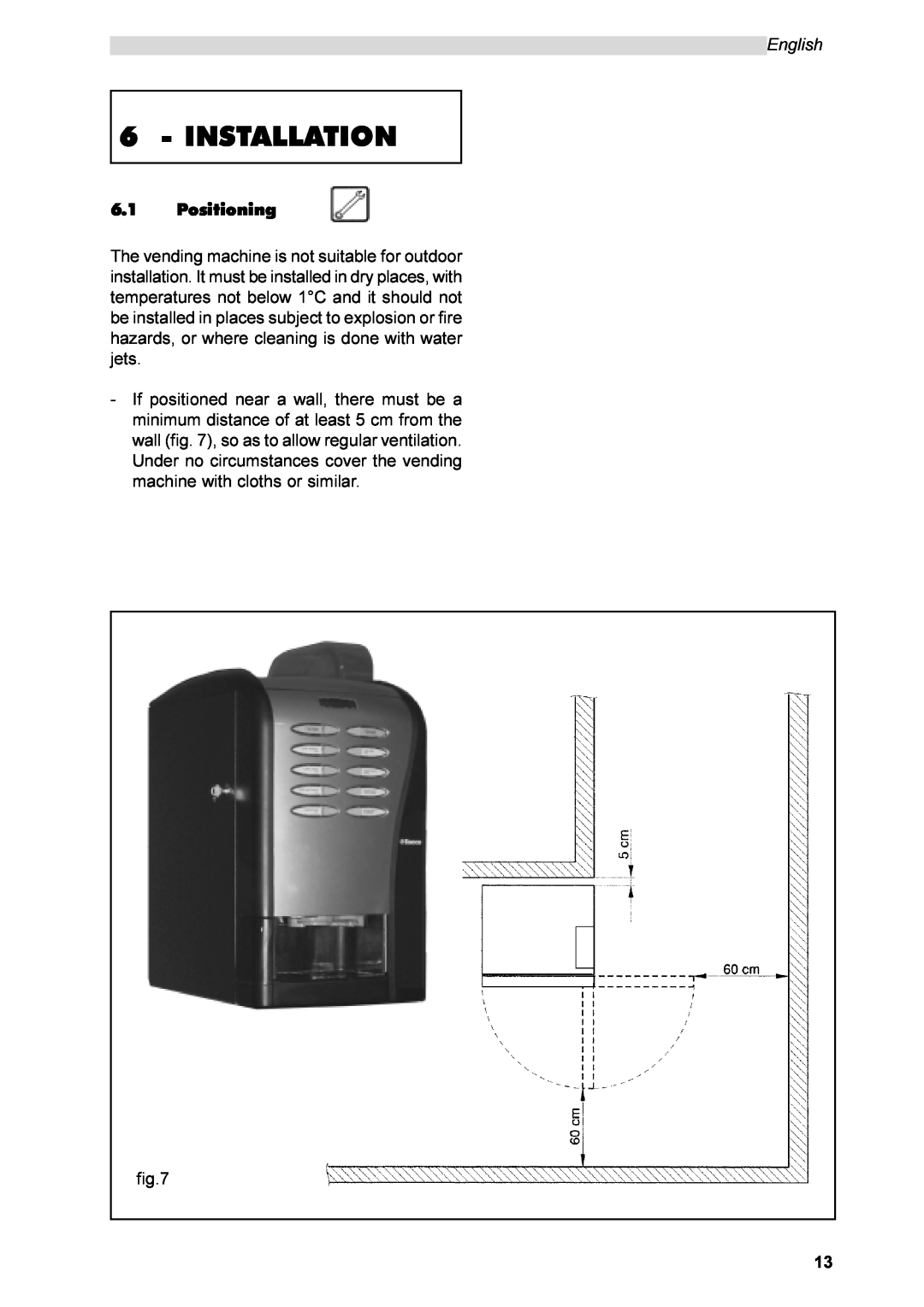 Saeco Coffee Makers SG200E instruction manual Installation, English, Positioning 