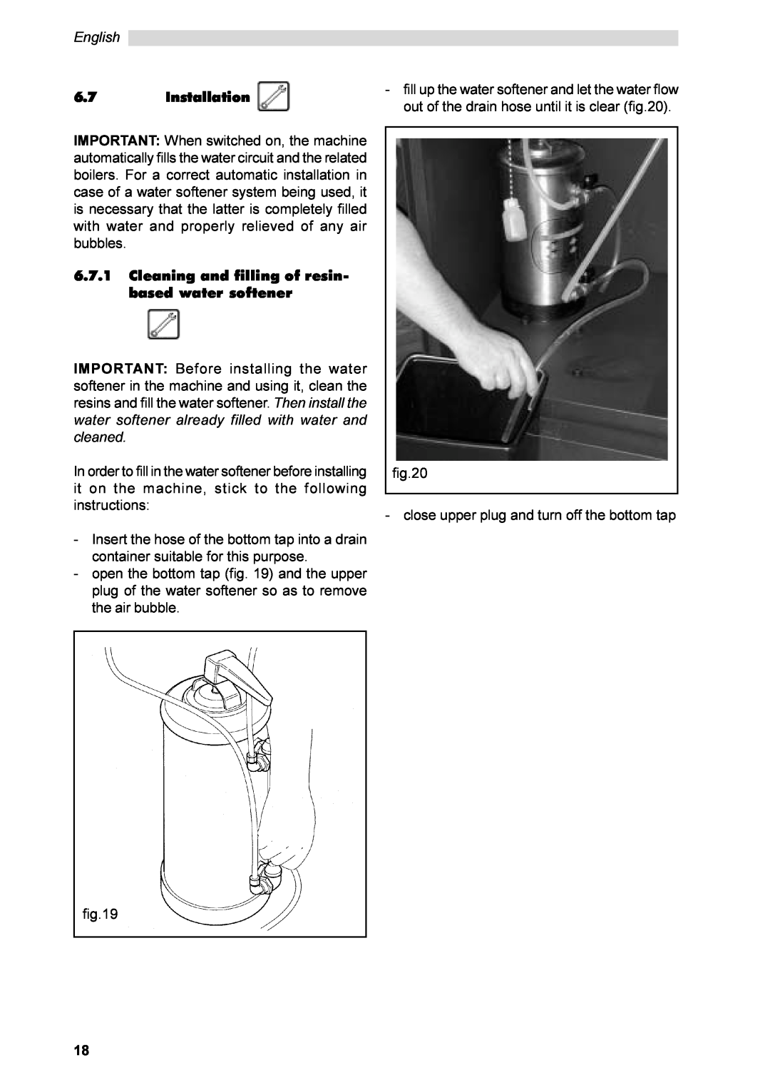 Saeco Coffee Makers SG200E instruction manual English, Installation, Cleaning and filling of resin- based water softener 