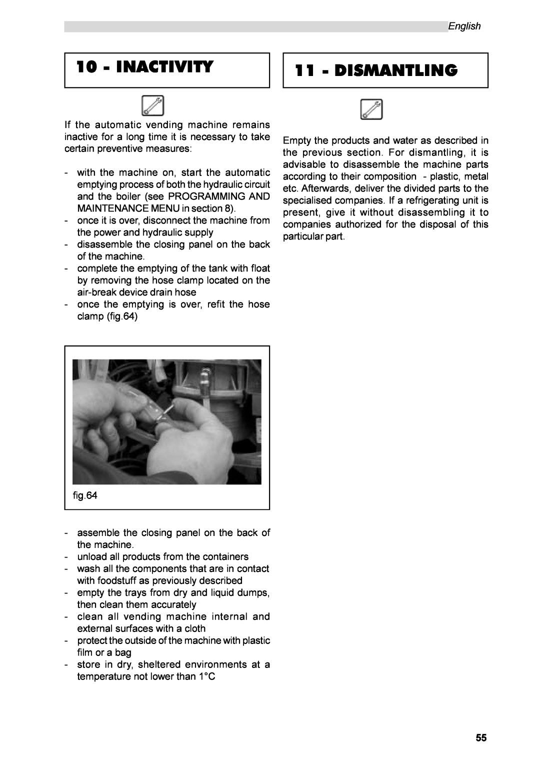 Saeco Coffee Makers SG200E instruction manual Inactivity, Dismantling, English 