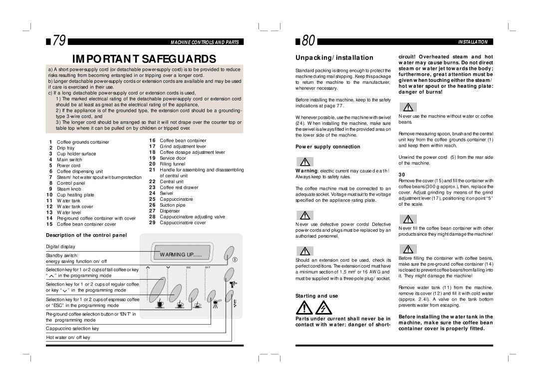 Saeco Coffee Makers SUP 016 manual Description of the control panel, Power supply connection 