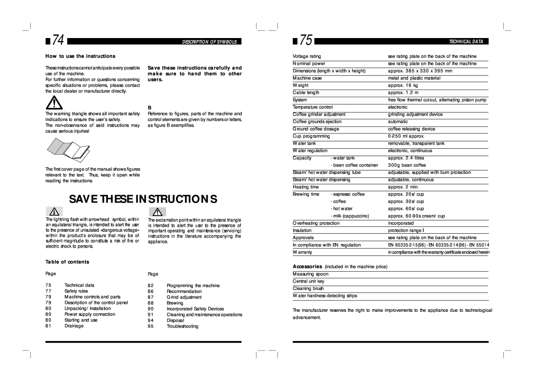 Saeco Coffee Makers SUP 016 manual Save These Instructions, How to use the instructions, Table of contents 