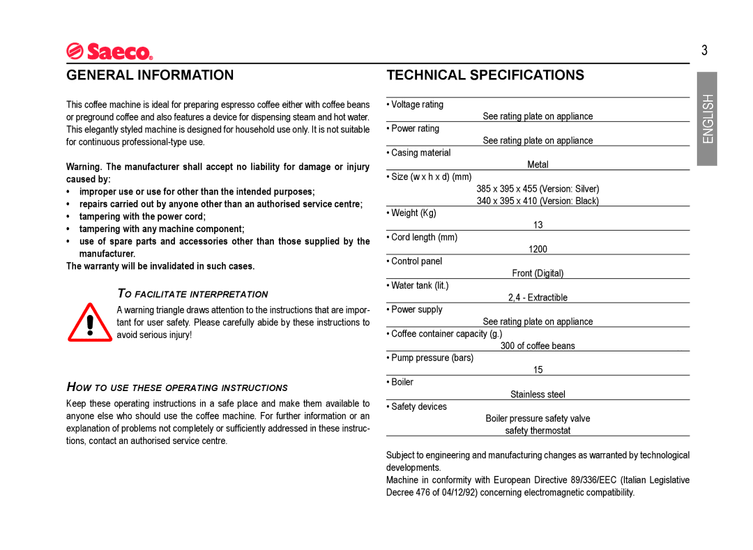 Saeco Coffee Makers SUP012 R manual General Information, Technical Specifications 