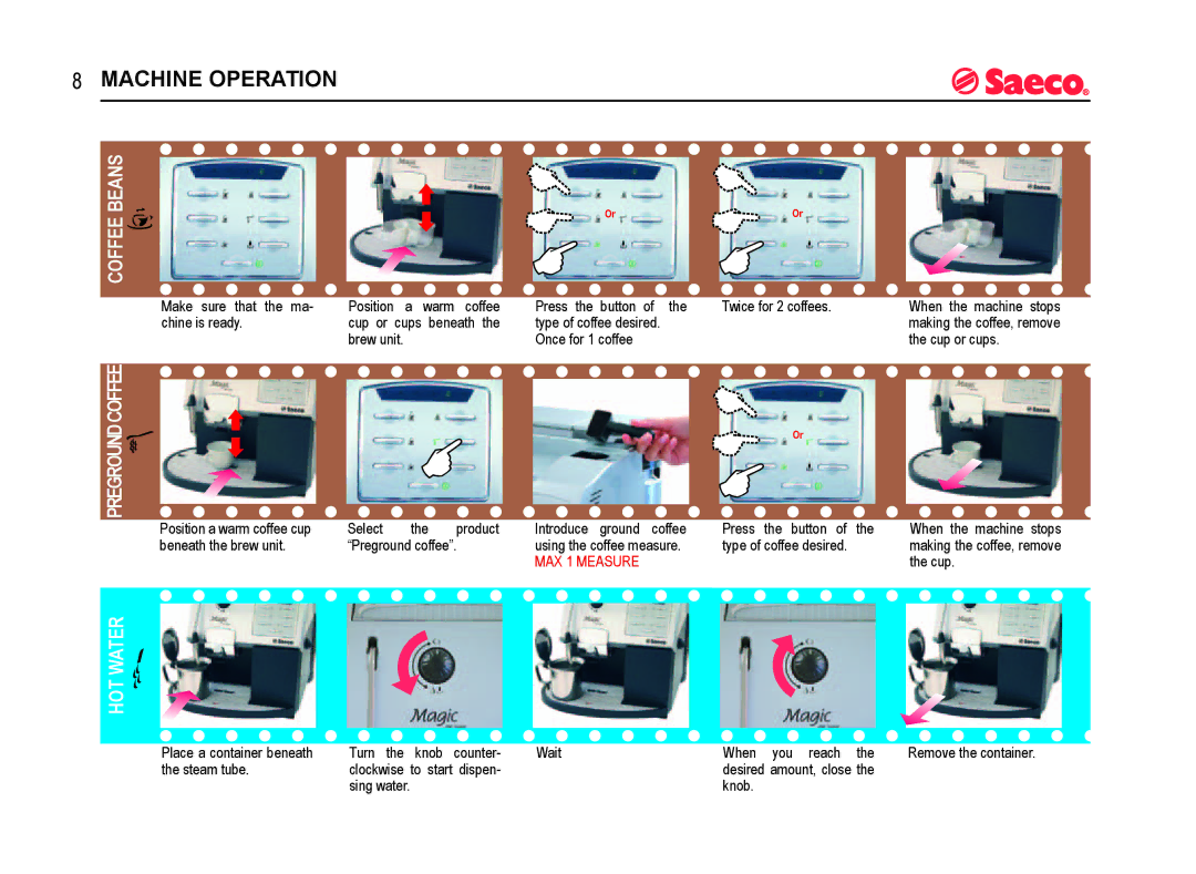 Saeco Coffee Makers SUP012 R manual Machine Operation, Coffee Beans Pregroundcoffee HOT Water 