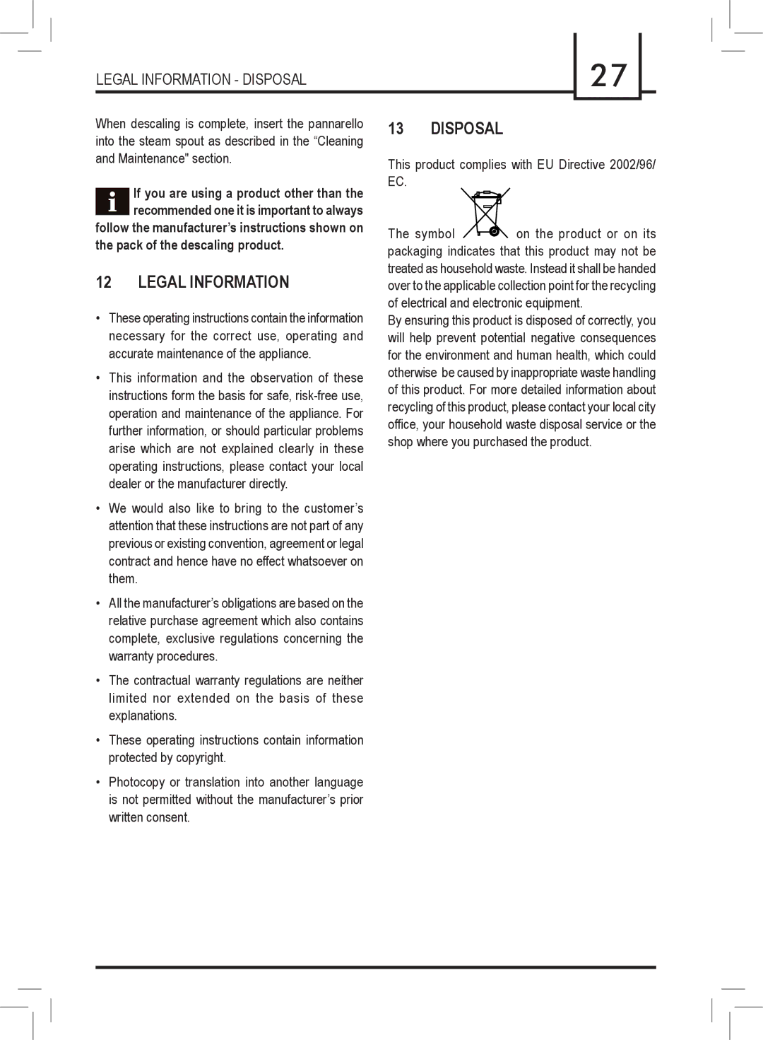 Saeco Coffee Makers 15000567, SUP018M manual Legal Information, Disposal 