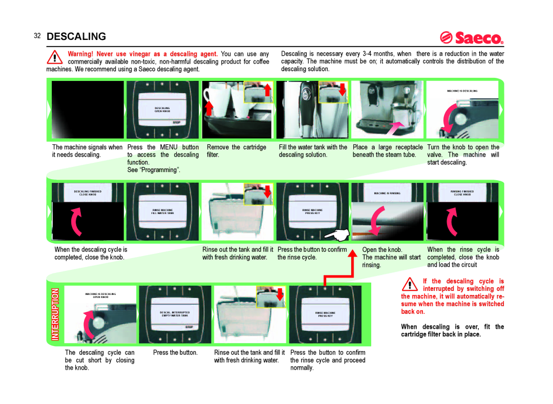 Saeco Coffee Makers SUP021YADR manual Descaling 