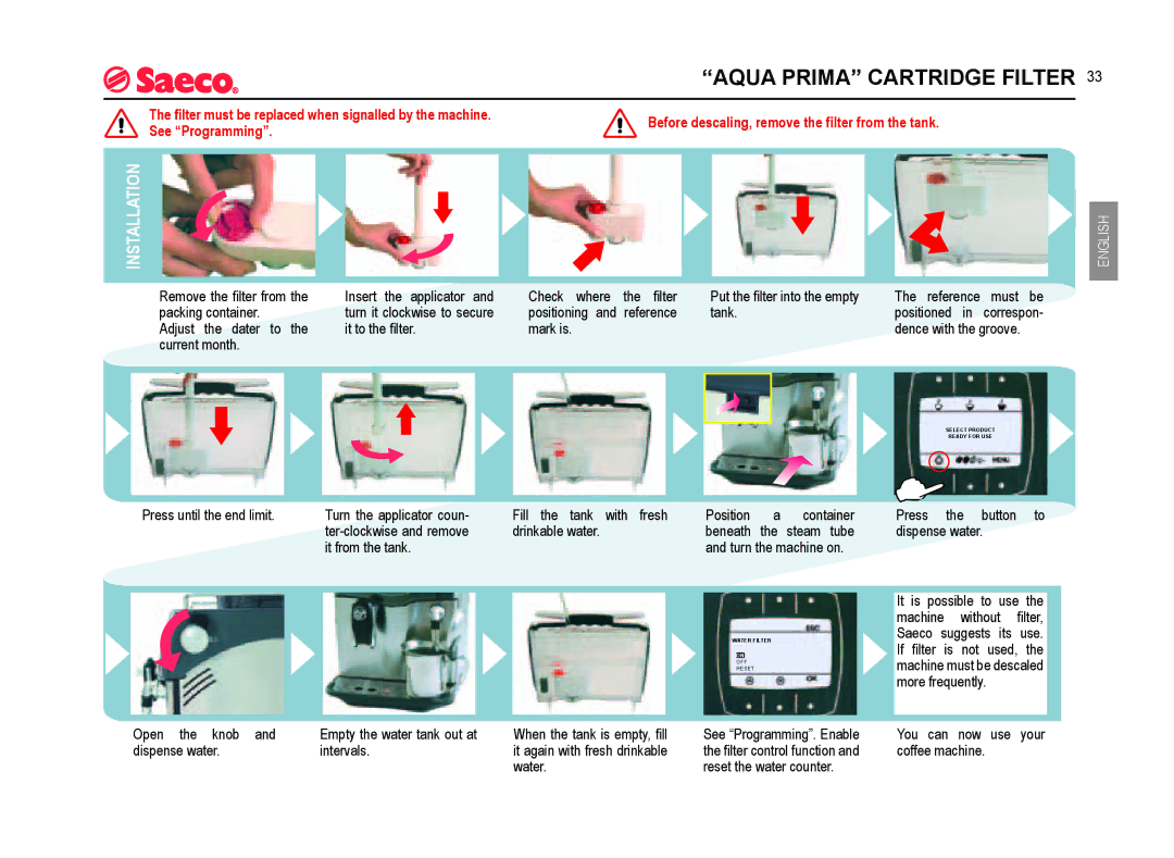 Saeco Coffee Makers SUP021YADR manual Aqua Prima Cartridge Filter, Installation 