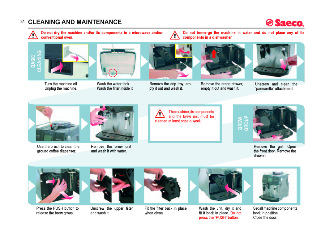 Saeco Coffee Makers SUP021YADR manual Cleaning and Maintenance, Basic, Group Brew 