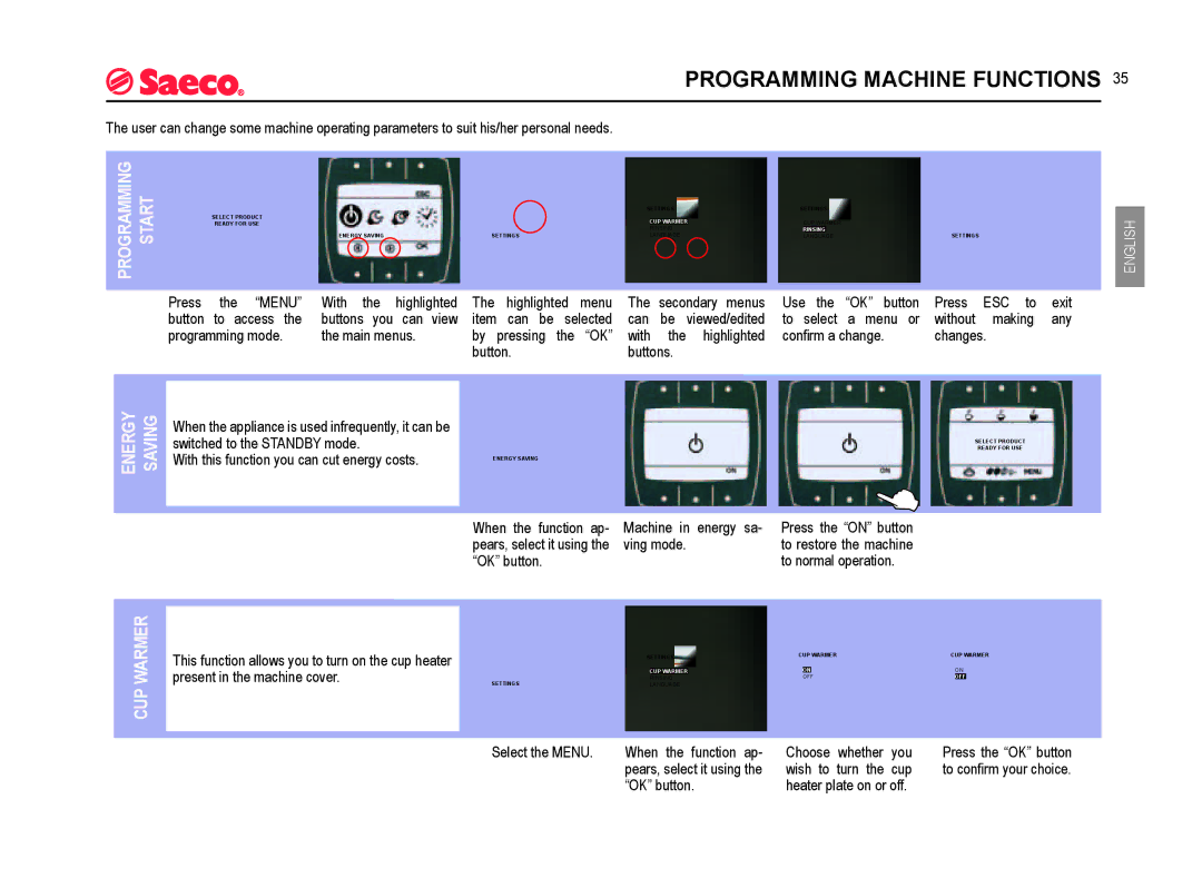 Saeco Coffee Makers SUP021YADR manual Programming Machine Functions, Programming Start, Energy Saving, CUP Warmer 