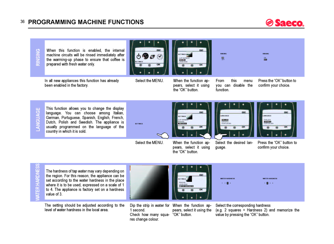 Saeco Coffee Makers SUP021YADR manual Rinsing, Language, Water Hardness 