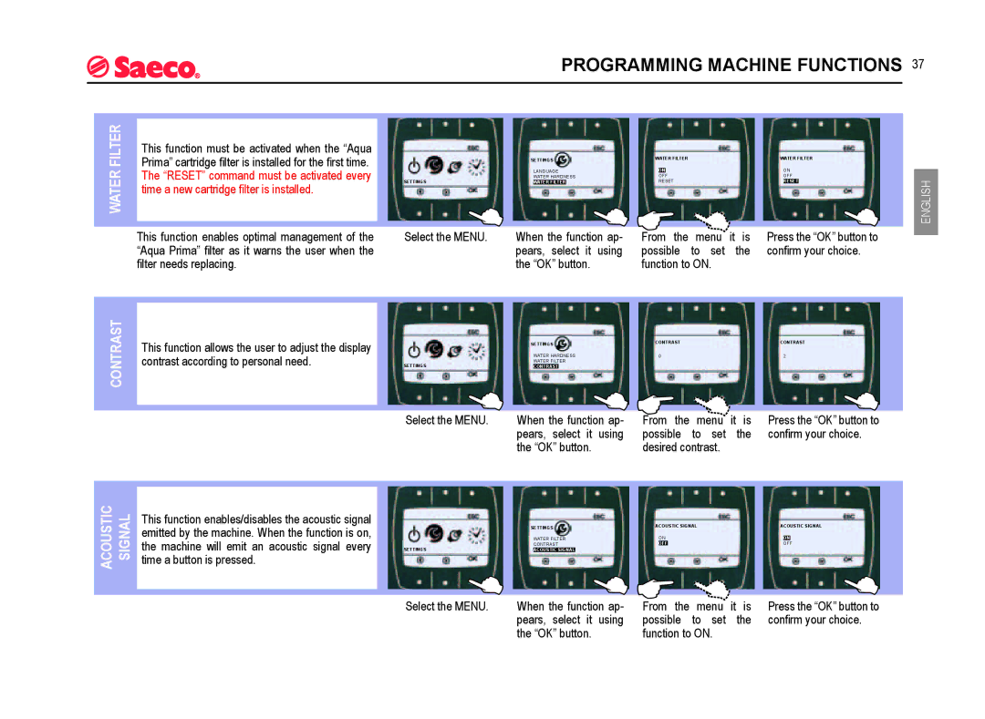 Saeco Coffee Makers SUP021YADR manual Water Filter, Contrast, Acoustic Signal 