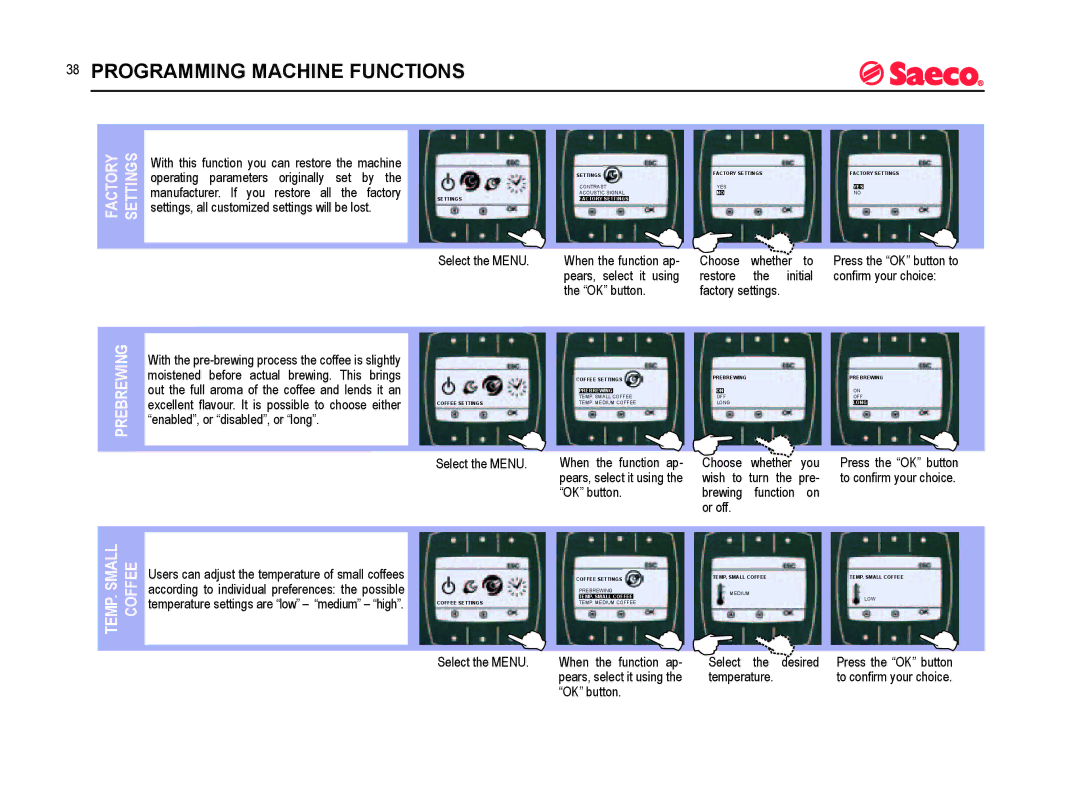 Saeco Coffee Makers SUP021YADR manual Factory Settings, Prebrewing, TEMP. Small Coffee 