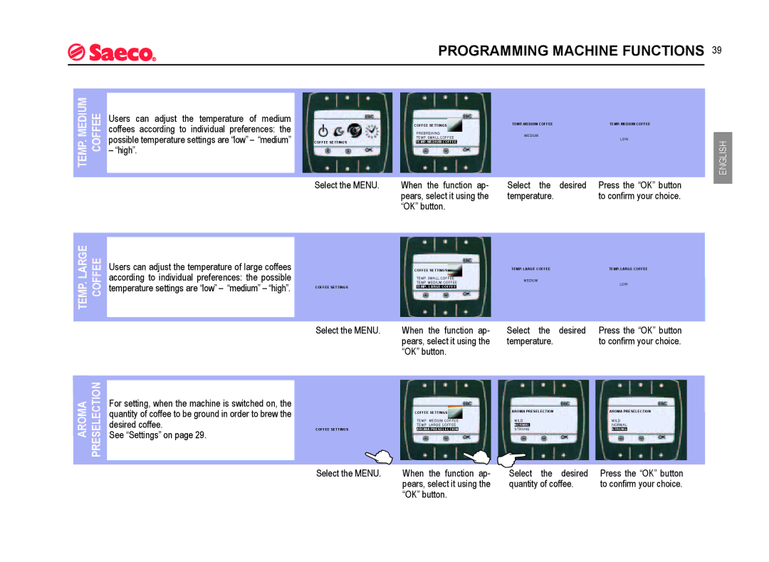 Saeco Coffee Makers SUP021YADR manual TEMP. Medium Coffee, TEMP. Large Coffee Aroma Preselection 